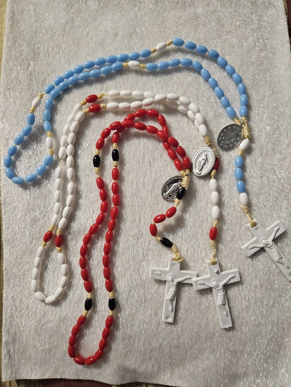 Classic Beaded Rosary Necklace with Crucifix - Red, White & Blue